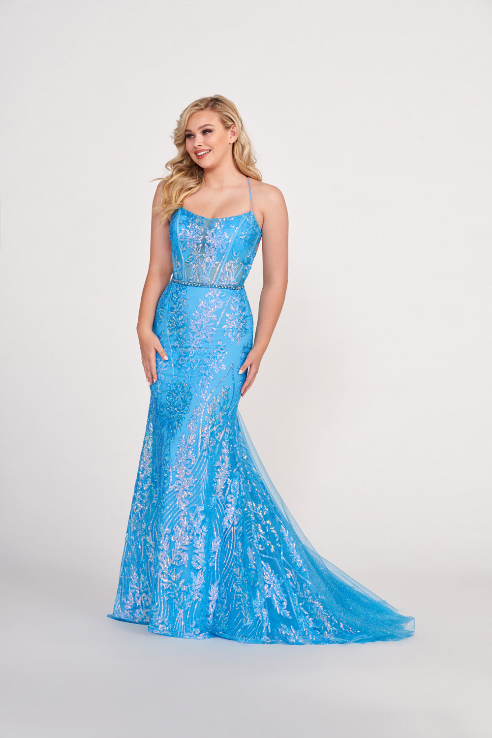 Ellie Wilde EW34023 prom dress images. Ellie Wilde EW34023 is available in these colors: Hot Pink, Peach Champagne, Ocean Blue, Neon Yellow.