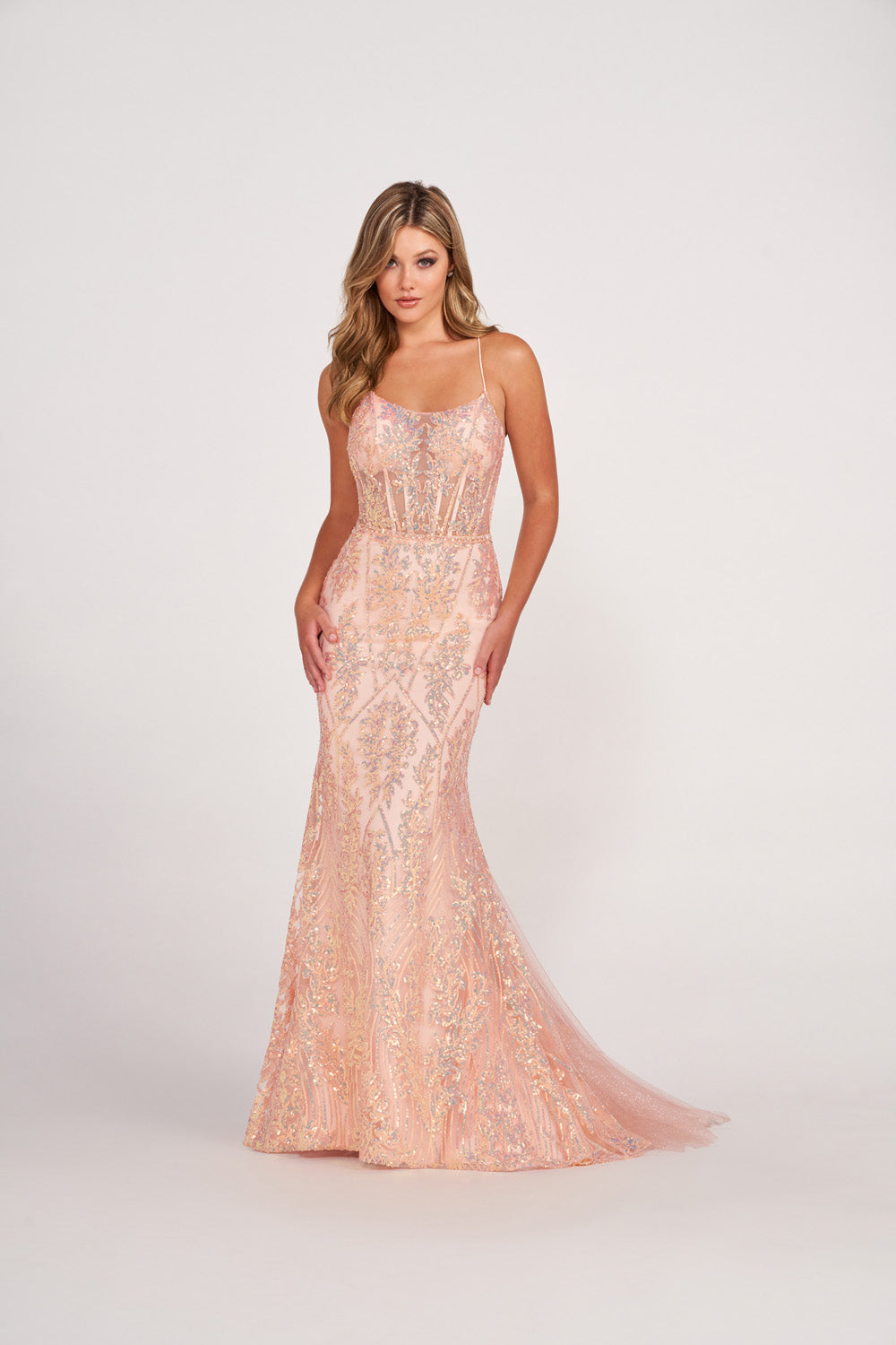 Ellie Wilde EW34023 prom dress images. Ellie Wilde EW34023 is available in these colors: Hot Pink, Peach Champagne, Ocean Blue, Neon Yellow.