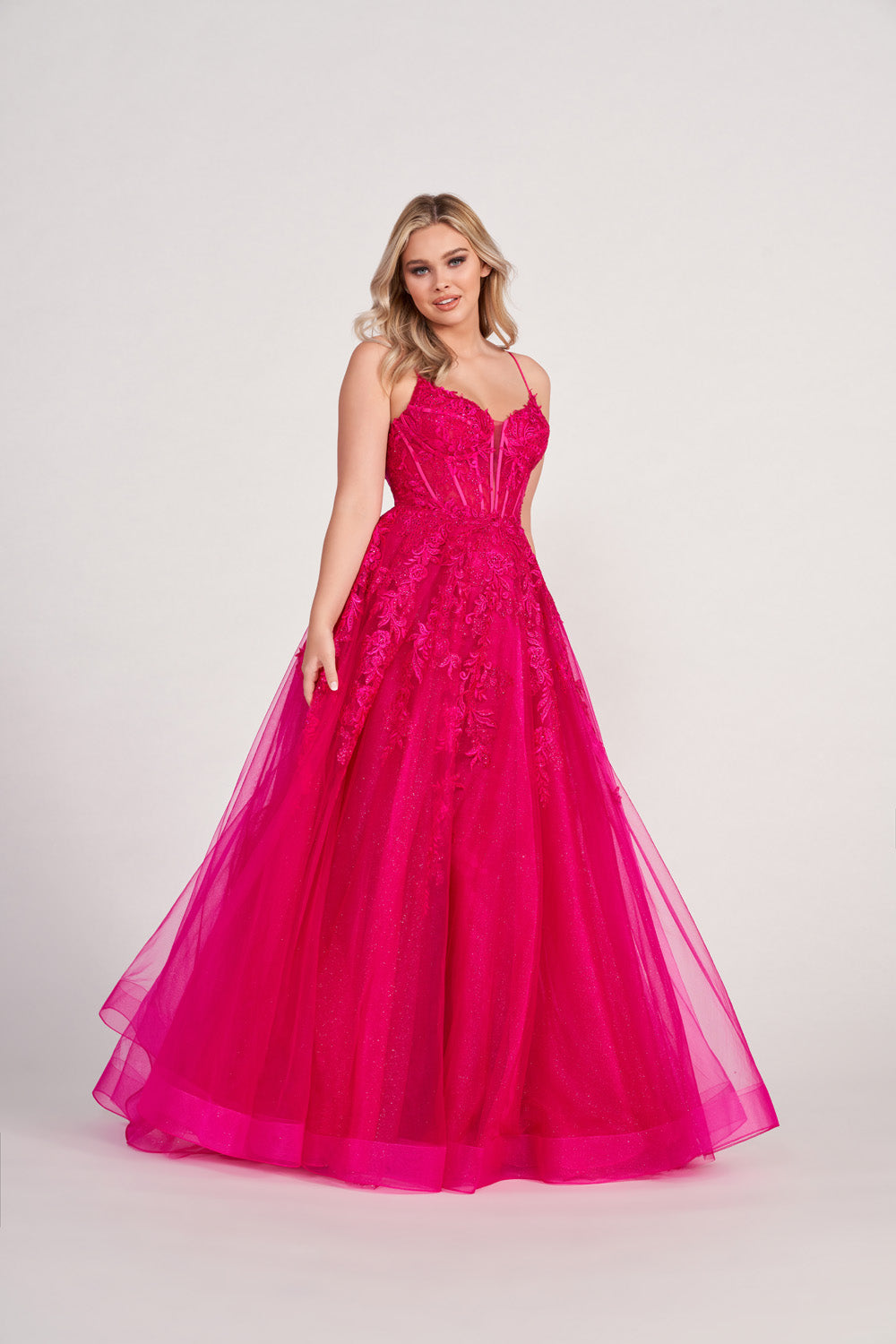 Ellie Wilde EW34036 prom dress images. Ellie Wilde EW34036 is available in these colors: Orange, Yellow, Royal Blue, Magenta, Emerald.