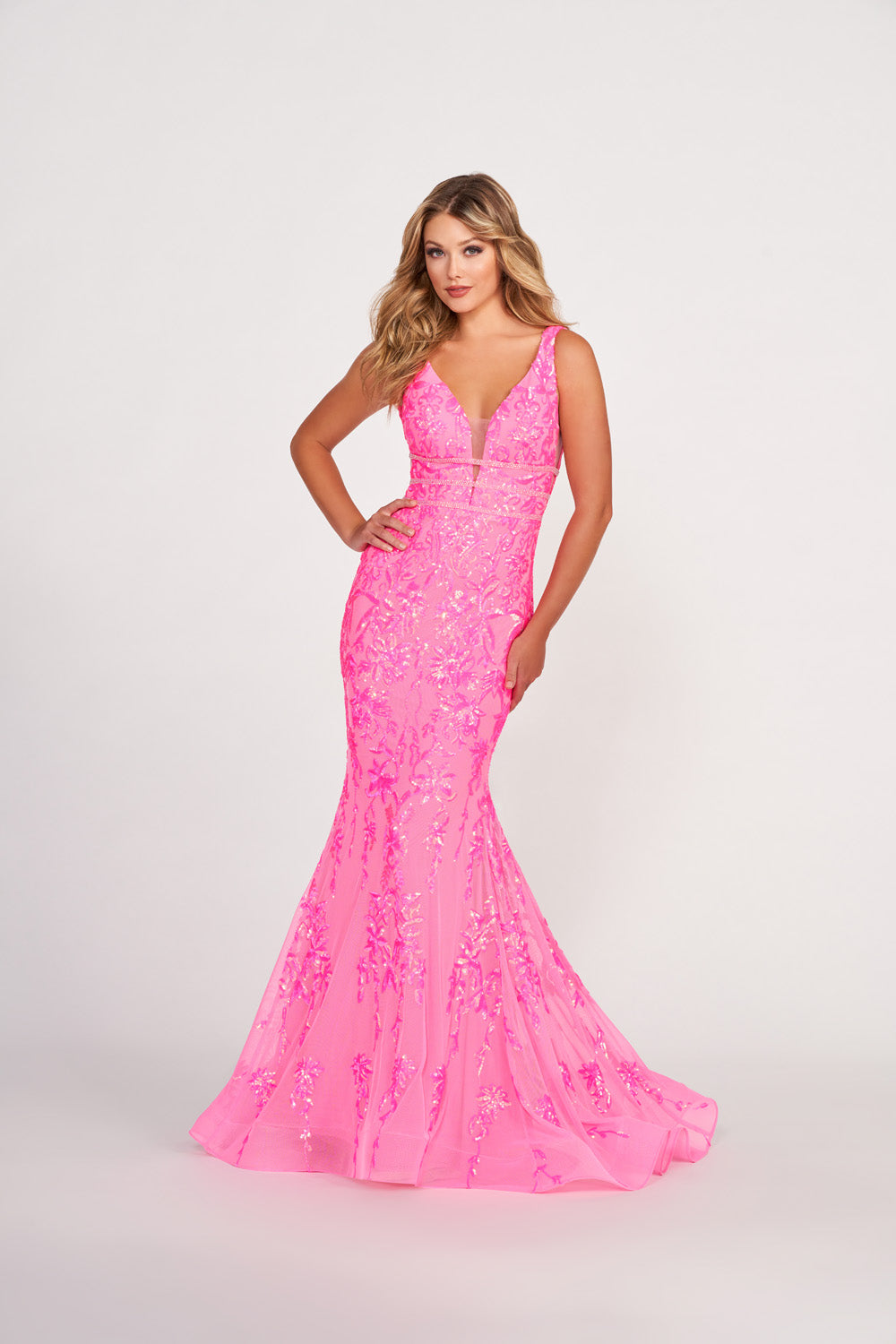 Ellie Wilde EW34041 prom dress images. Ellie Wilde EW34041 is available in these colors: Hot Pink, Lilac, Orange, Royal Blue, Navy Blue, Emerald, Aqua.