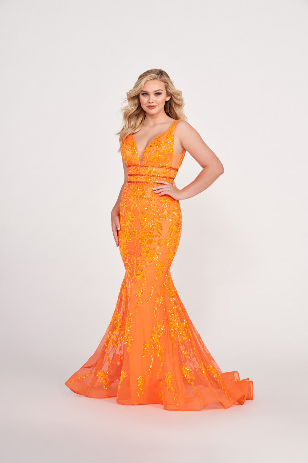 Ellie Wilde EW34041 prom dress images. Ellie Wilde EW34041 is available in these colors: Hot Pink, Lilac, Orange, Royal Blue, Navy Blue, Emerald, Aqua.
