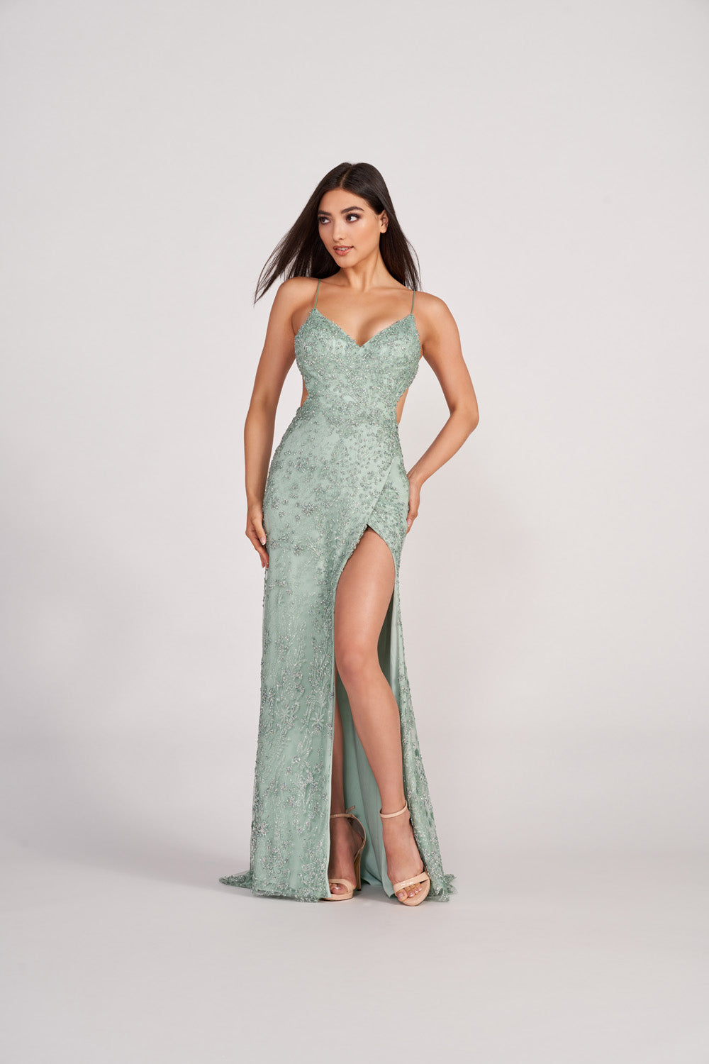 Ellie Wilde EW34046 prom dress images. Ellie Wilde EW34046 is available in these colors: Sage, Misty Blue, Slate, Steel Blue, Lavender Frost.