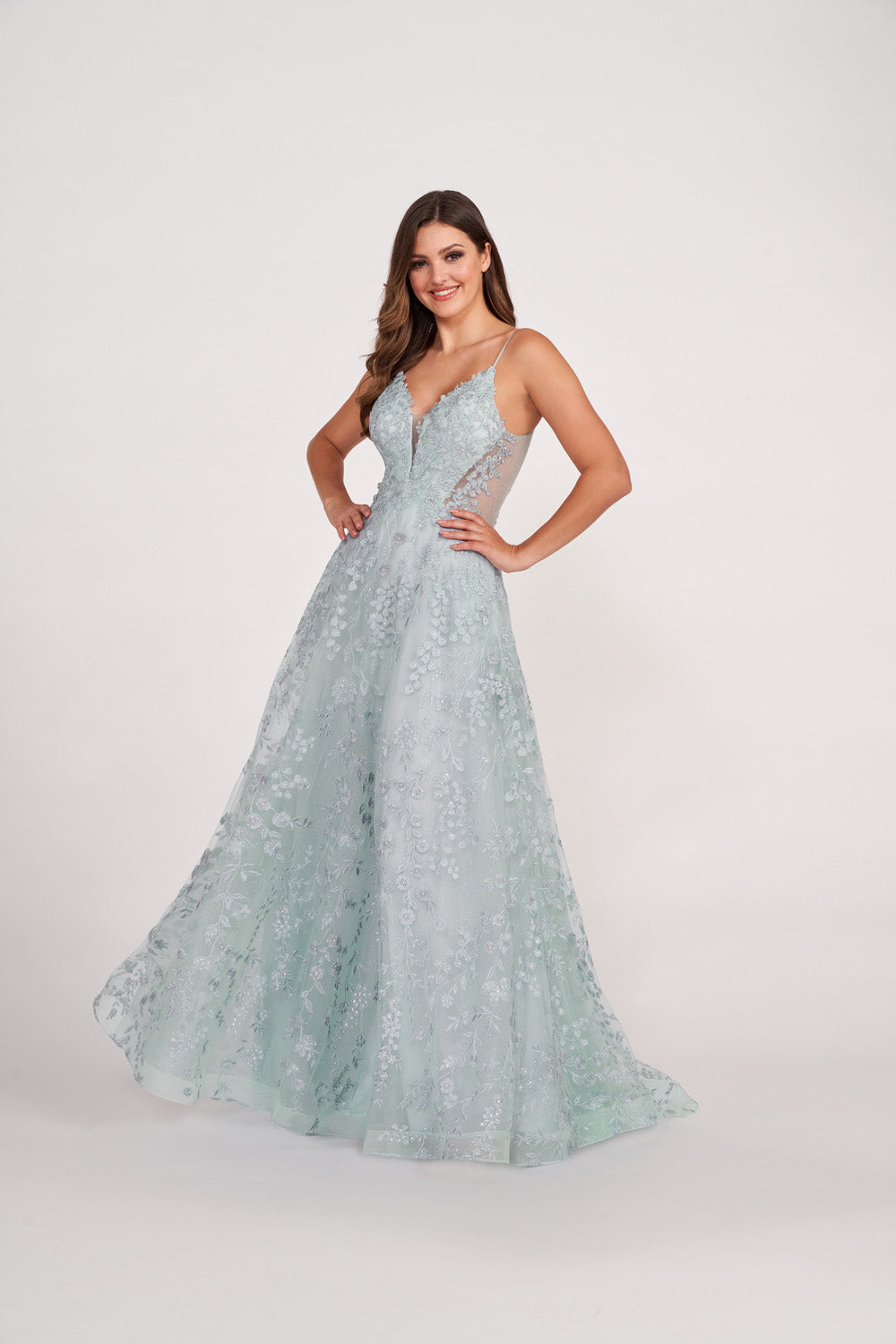 Ellie Wilde EW34048 prom dress images. Ellie Wilde EW34048 is available in these colors: Mist, Petal, Yellow, Strawberry, Ivory Nude.