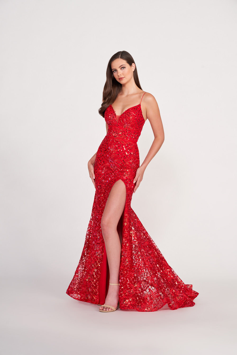 Ellie Wilde EW34057 prom dress images.  Ellie Wilde EW34057 is available in these colors: Emerald, Sunflower, Red.