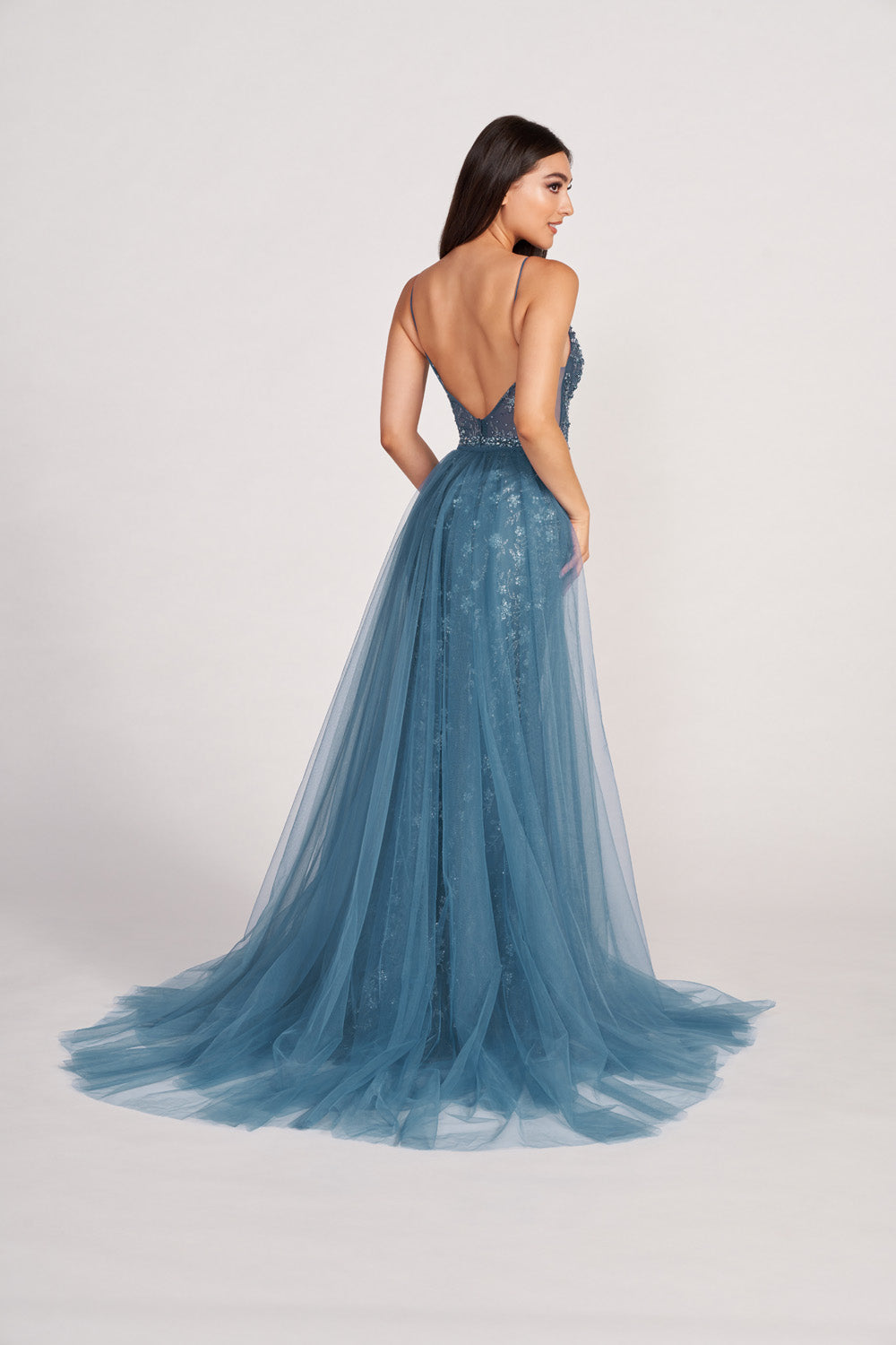 Ellie Wilde EW34058 prom dress images. Ellie Wilde EW34058 is available in these colors: Steel Blue, Emerald, Slate, Lilac.