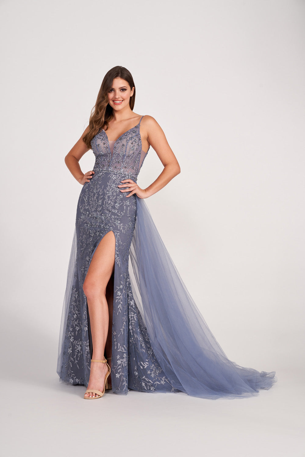 Ellie Wilde EW34058 prom dress images. Ellie Wilde EW34058 is available in these colors: Steel Blue, Emerald, Slate, Lilac.