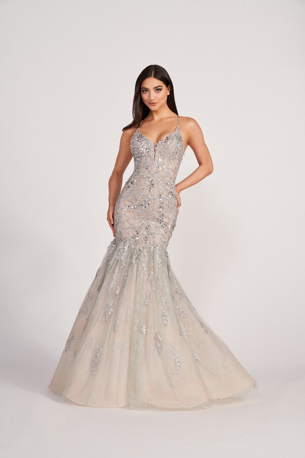 Ellie Wilde EW34064 prom dress images. Ellie Wilde EW34064 is available in these colors: Silver Nude, Emerald Nude, Navy Nude.