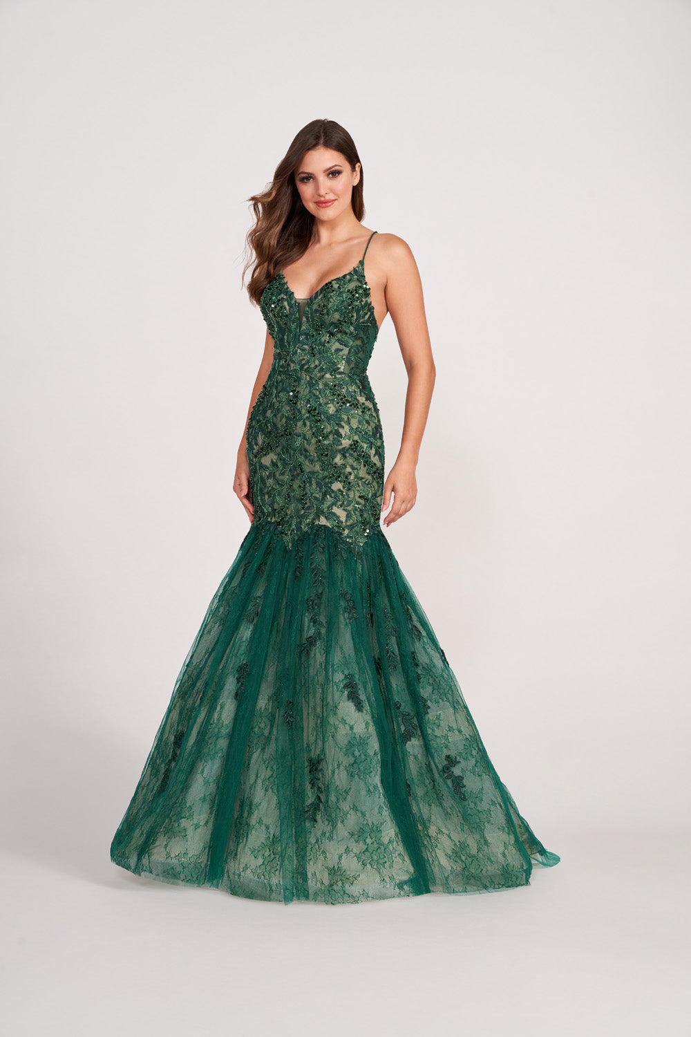 Ellie Wilde EW34064 prom dress images. Ellie Wilde EW34064 is available in these colors: Silver Nude, Emerald Nude, Navy Nude.