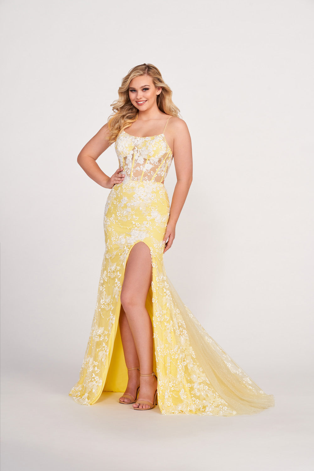 Ellie Wilde EW34068 prom dress images. Ellie Wilde EW34068 is available in these colors: Light Blue, Lilac, Light Yellow.