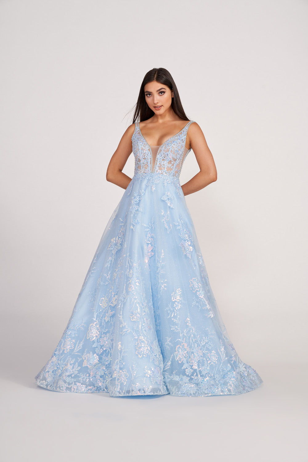 Ellie Wilde EW34105 prom dress images. Ellie Wilde EW34105 is available in these colors: Light Blue, Blush, Emerald.