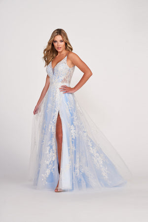 Ellie Wilde EW34107 prom dress images.  Ellie Wilde EW34107 is available in these colors: Frosty Blue, Ivory Tea Rose, Emerald, Royal.