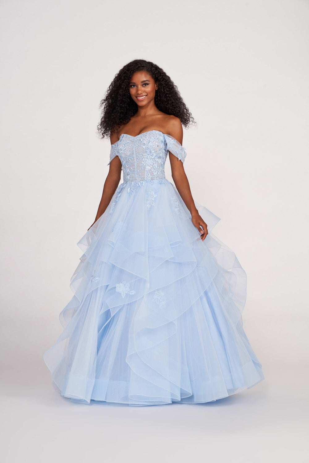 Ellie Wilde EW34108 prom dress images. Ellie Wilde EW34108 is available in these colors: Light Blue, Emerald, Indigo.