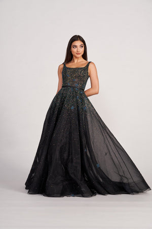 Ellie Wilde EW34115 prom dress images.  Ellie Wilde EW34115 is available in these colors: Black Galaxy, Sky Blue, Aubergine .