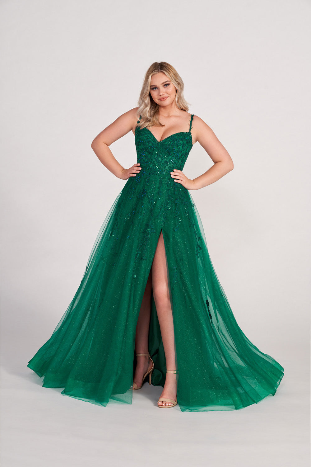 Ellie Wilde EW34116 prom dress images. Ellie Wilde EW34116 is available in these colors: Emerald, Navy Blue, Dark Purple.