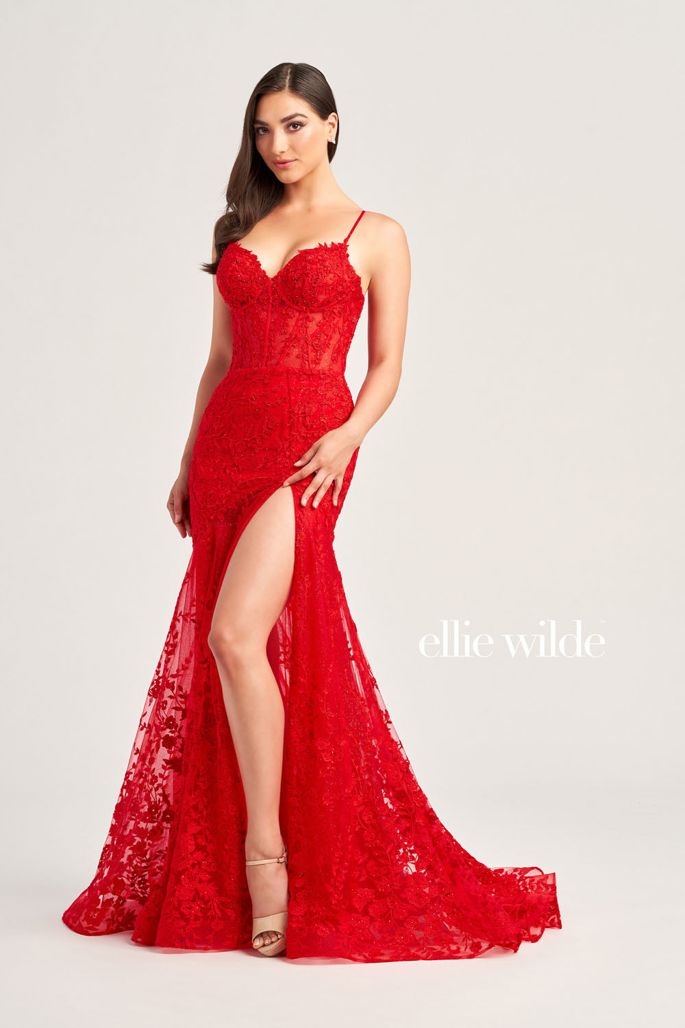 Ellie Wilde EW35005 prom dress images. Ellie Wilde EW35005 is available in these colors: Magenta, Light Blue, Sage, Red, Royal Blue, Emerald Nude, Light Yelllow.
