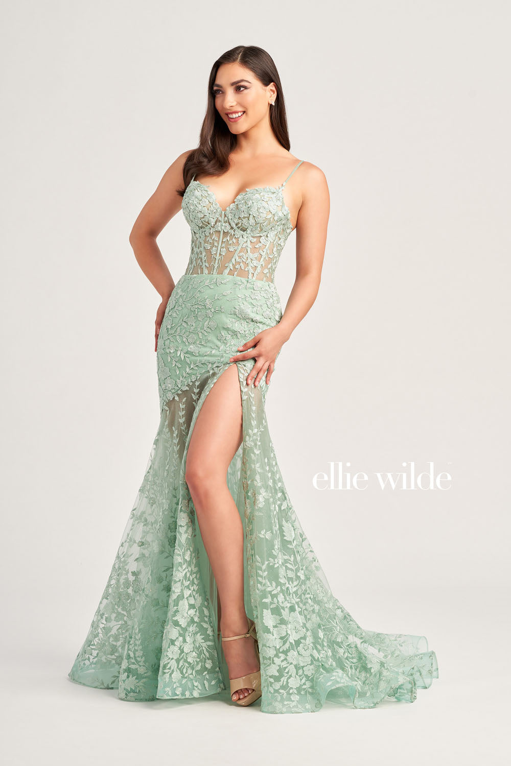 Ellie Wilde EW35005 prom dress images. Ellie Wilde EW35005 is available in these colors: Magenta, Light Blue, Sage, Red, Royal Blue, Emerald Nude, Light Yelllow.