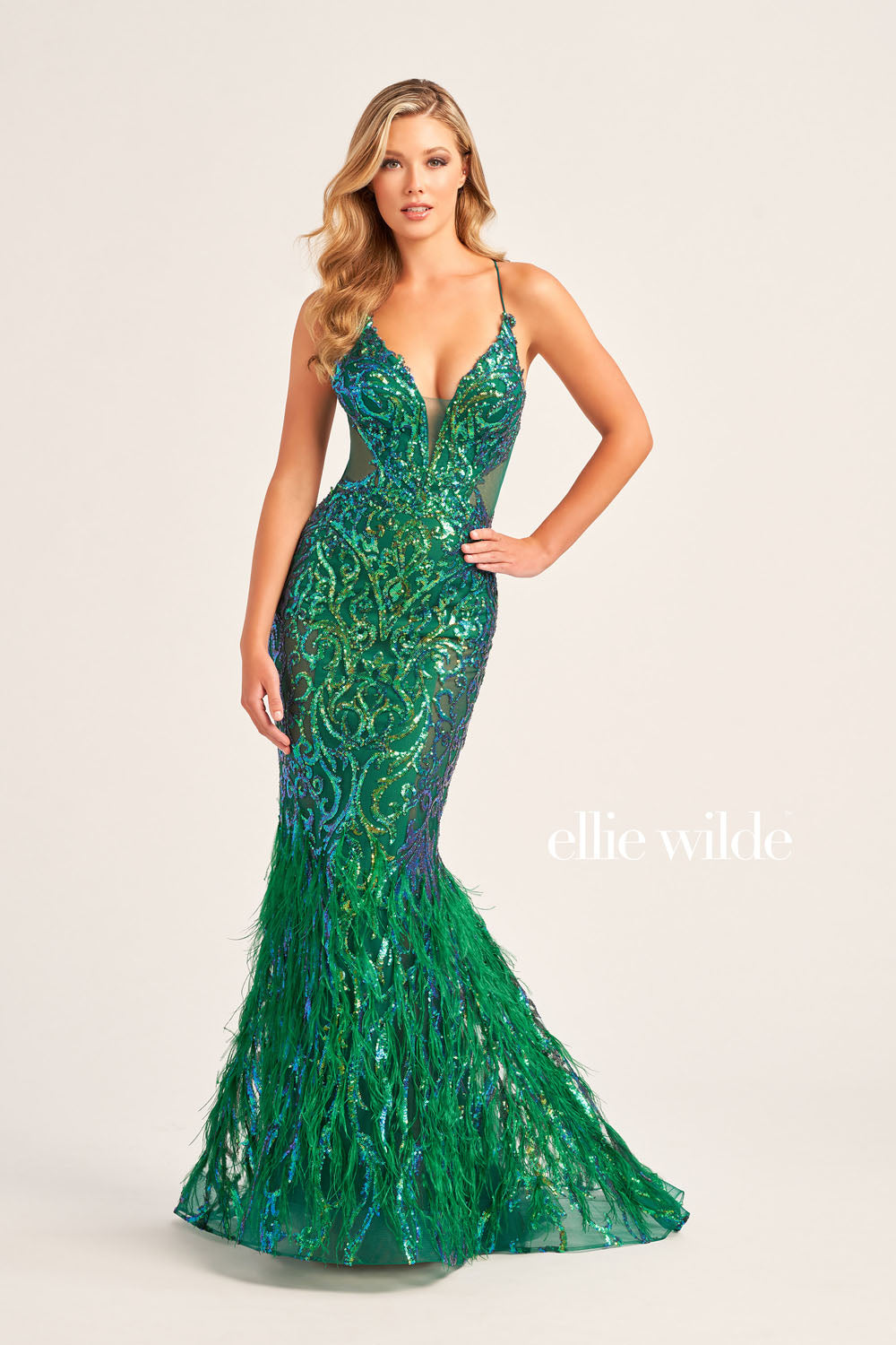 Ellie Wilde EW35006 prom dress images. Ellie Wilde EW35006 is available in these colors: Orange, Champagne, Emerald, Iris, Hot Pink.