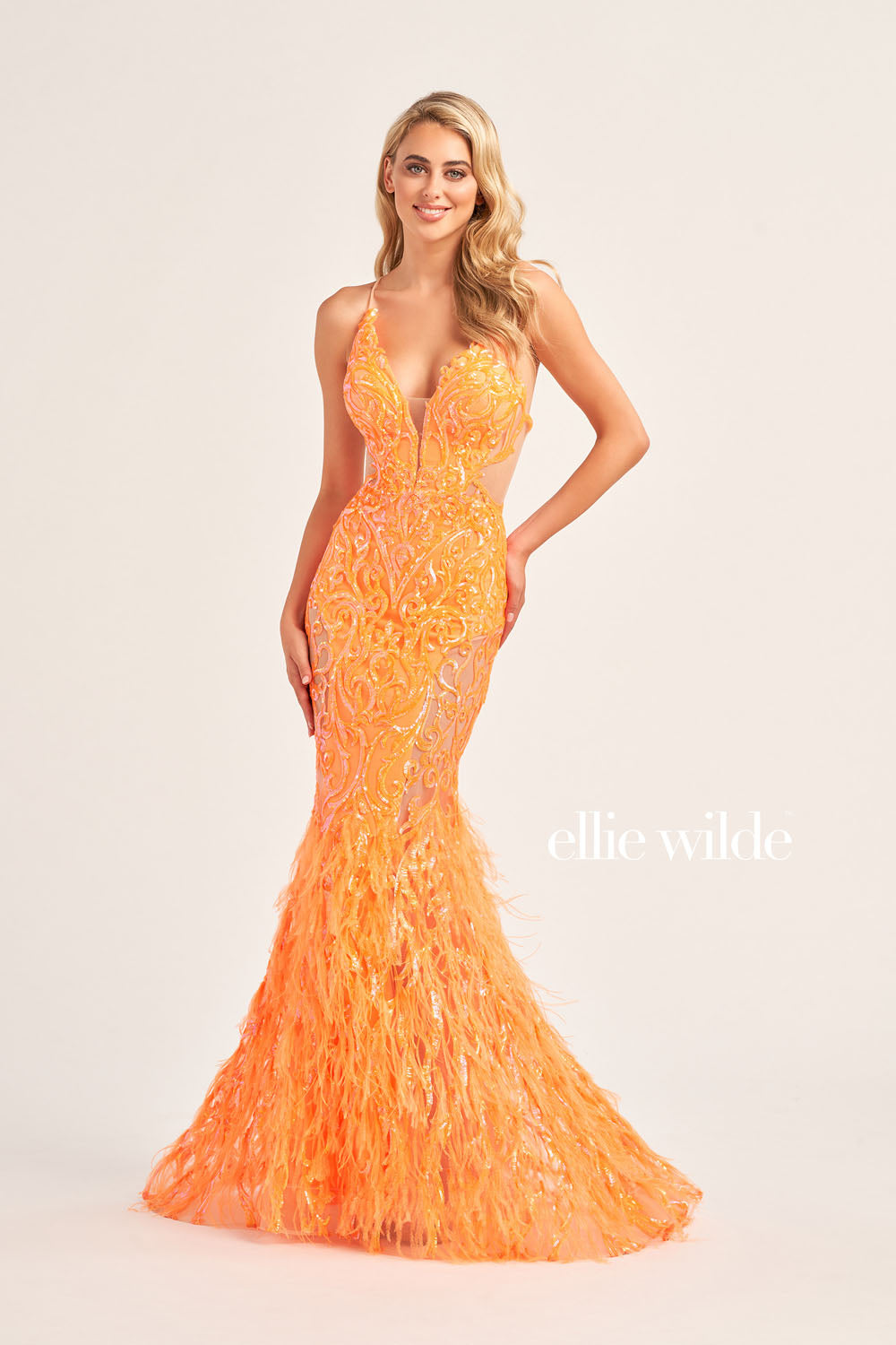 Ellie Wilde EW35006 prom dress images. Ellie Wilde EW35006 is available in these colors: Orange, Champagne, Emerald, Iris, Hot Pink.