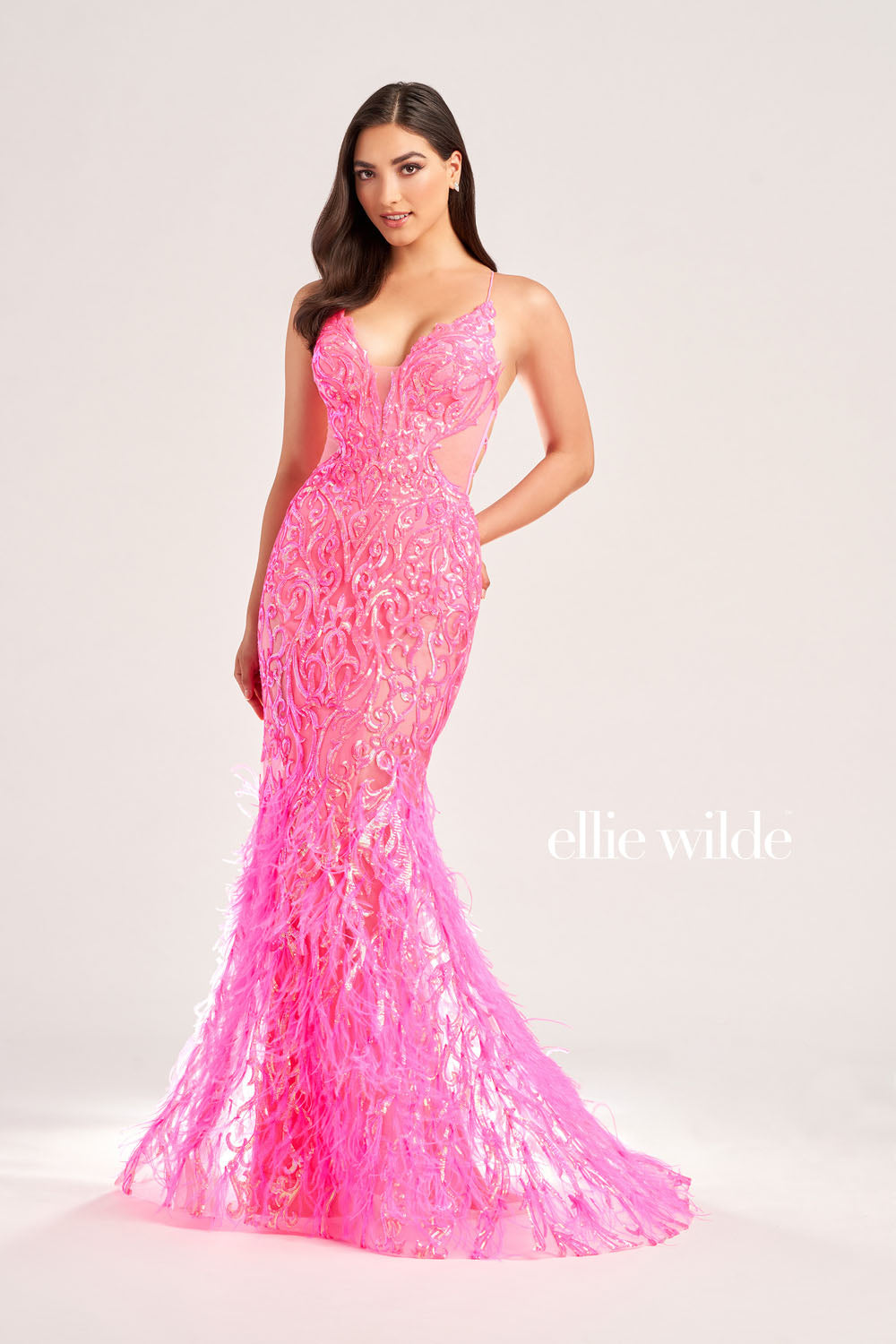 Ellie Wilde EW35006 prom dress images. Ellie Wilde EW35006 is available in these colors: Orange, Champagne, Emerald, Iris, Hot Pink.