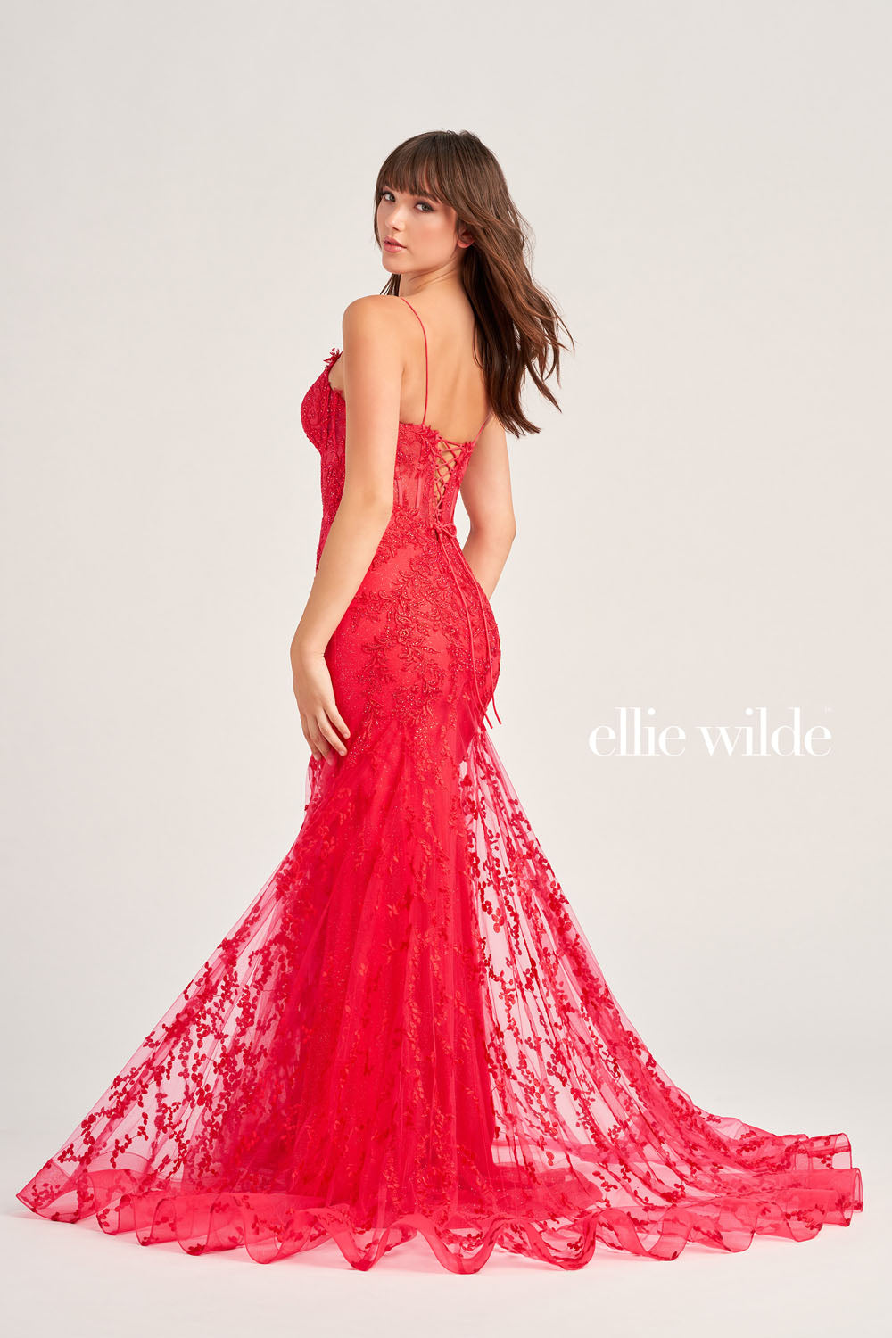 Ellie Wilde EW35010 prom dress images. Ellie Wilde EW35010 is available in these colors: Strawberry, Orange, Light Yellow, Royal Blue, Magenta, Sage, Black, Emerald.