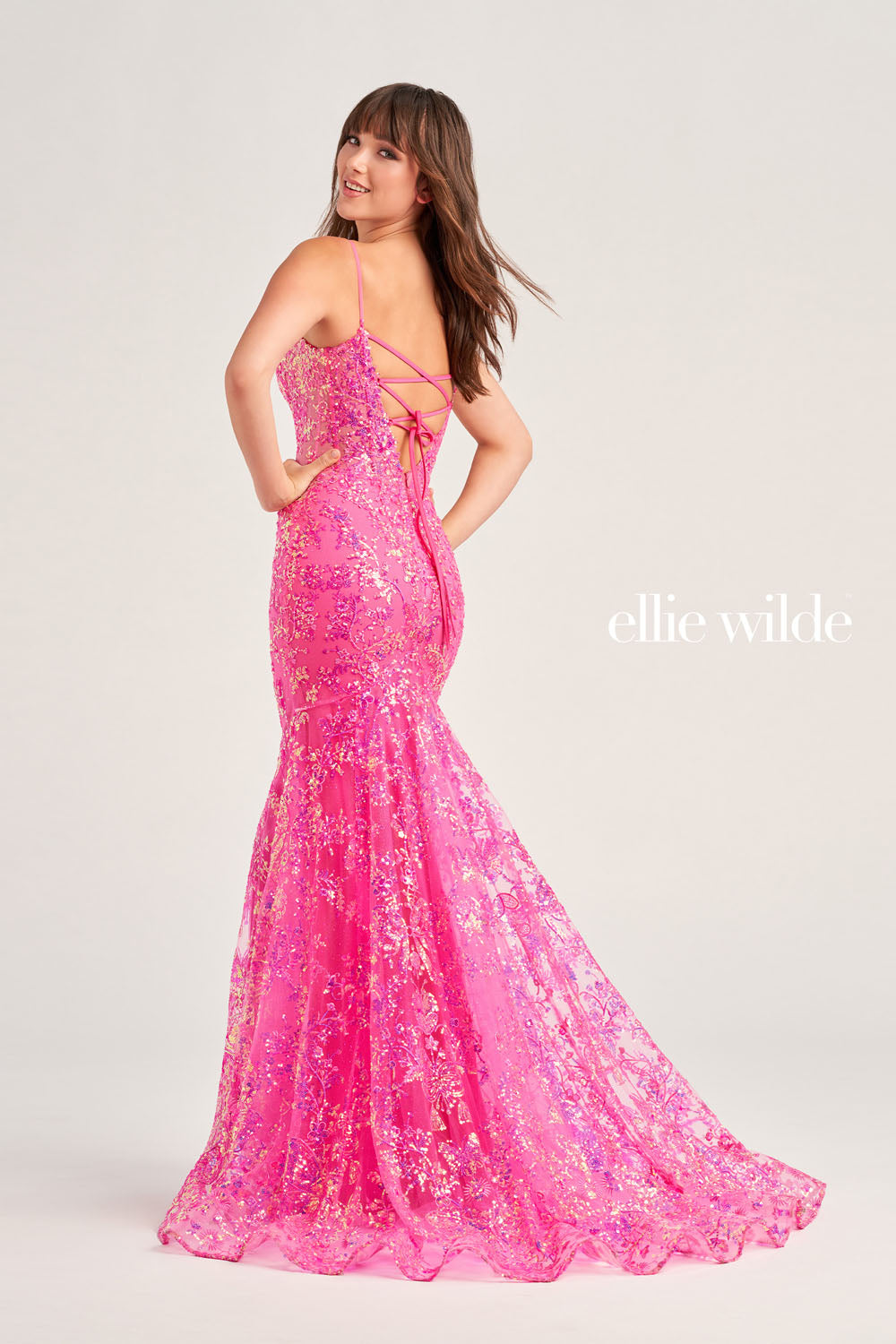 Ellie Wilde EW35013 prom dress images. Ellie Wilde EW35013 is available in these colors: Hot Pink, Light Blue, Midnight, Lilac, Black.