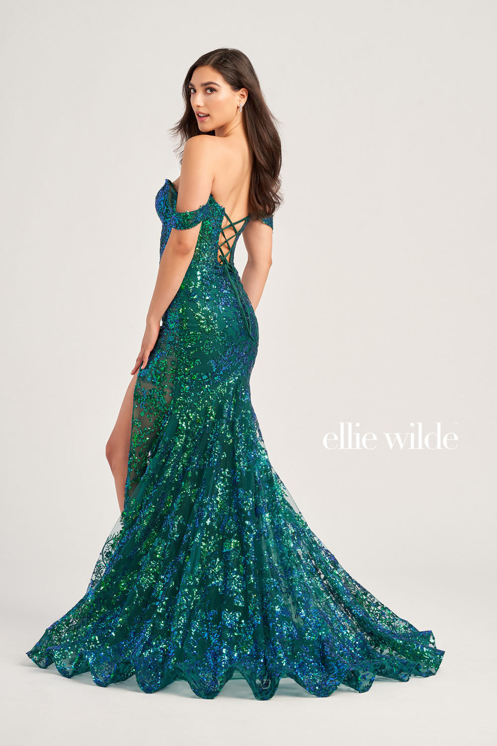 Ellie Wilde EW35014 prom dress images. Ellie Wilde EW35014 is available in these colors: Emerald, Hot Pink, Light Blue, Midnight.