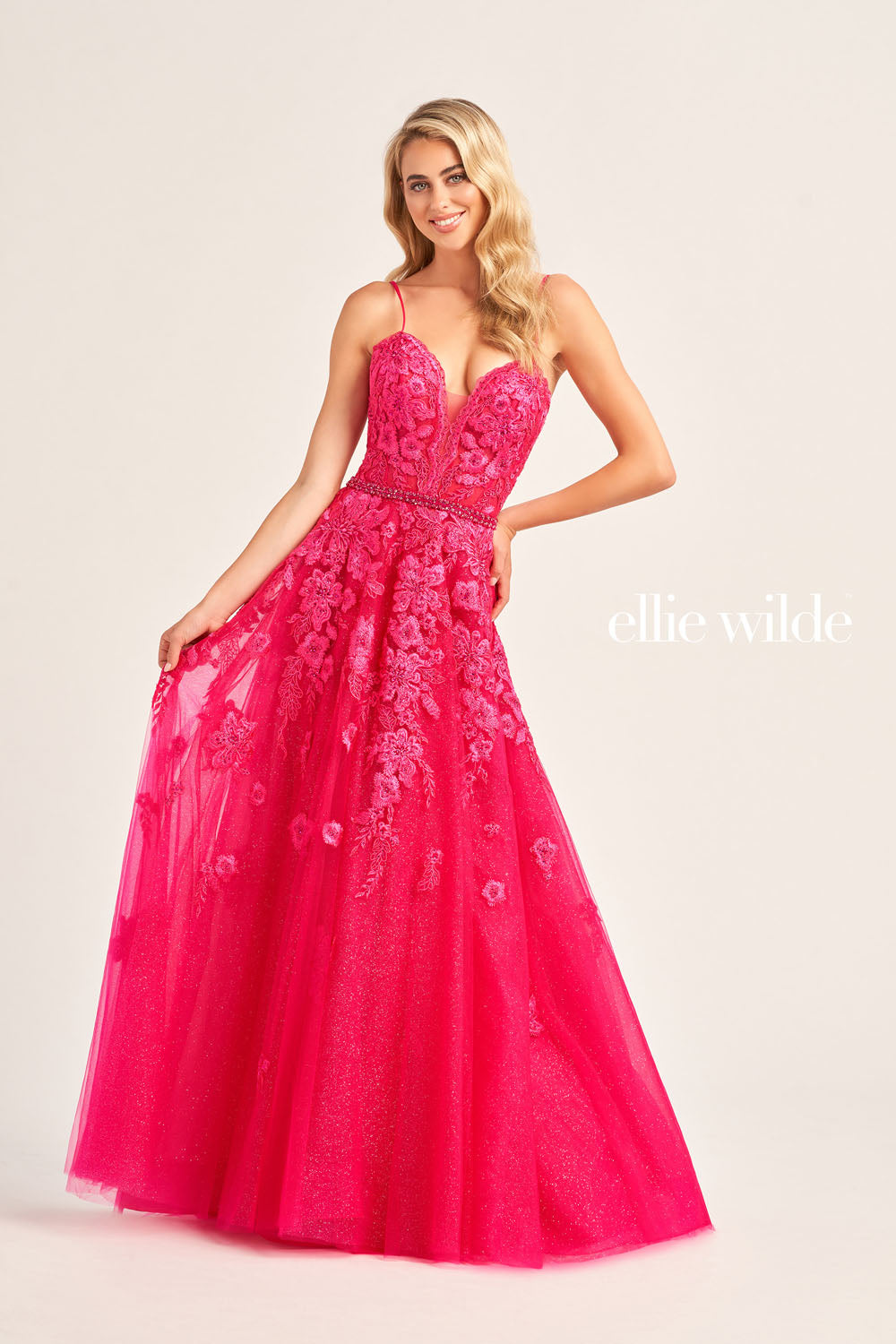 Ellie Wilde EW35016 prom dress images. Ellie Wilde EW35016 is available in these colors: Strawberry, Orange, Yellow, Pink, Bluebell, Magenta, Emerald, Sea Glass.