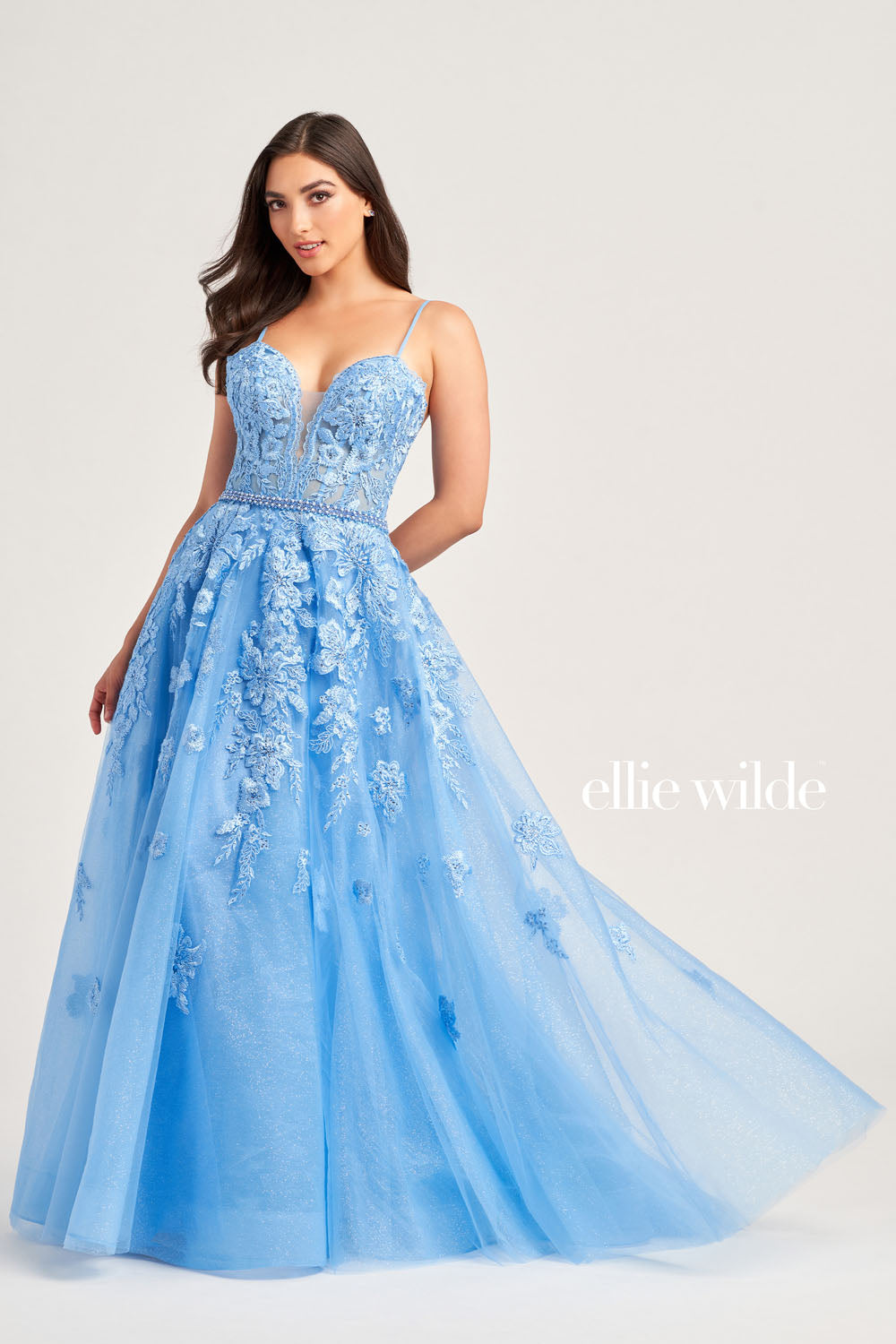 Ellie Wilde EW35016 prom dress images. Ellie Wilde EW35016 is available in these colors: Strawberry, Orange, Yellow, Pink, Bluebell, Magenta, Emerald, Sea Glass.