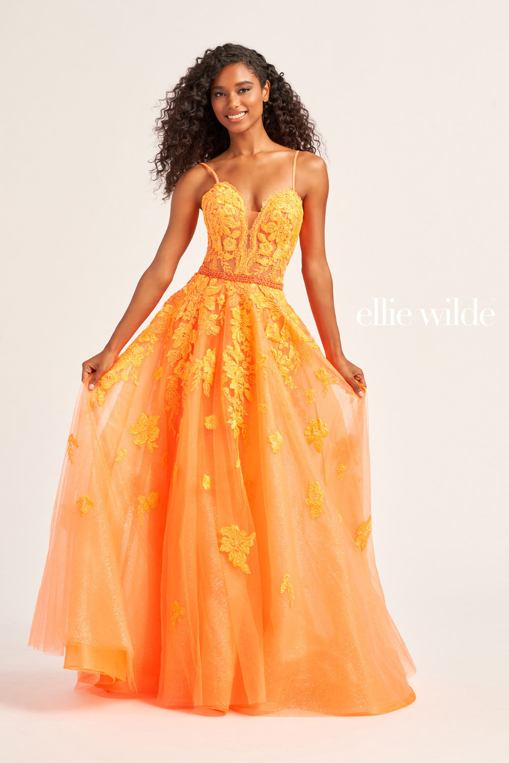 Ellie Wilde EW35016 prom dress images. Ellie Wilde EW35016 is available in these colors: Strawberry, Orange, Yellow, Pink, Bluebell, Magenta, Emerald, Sea Glass.