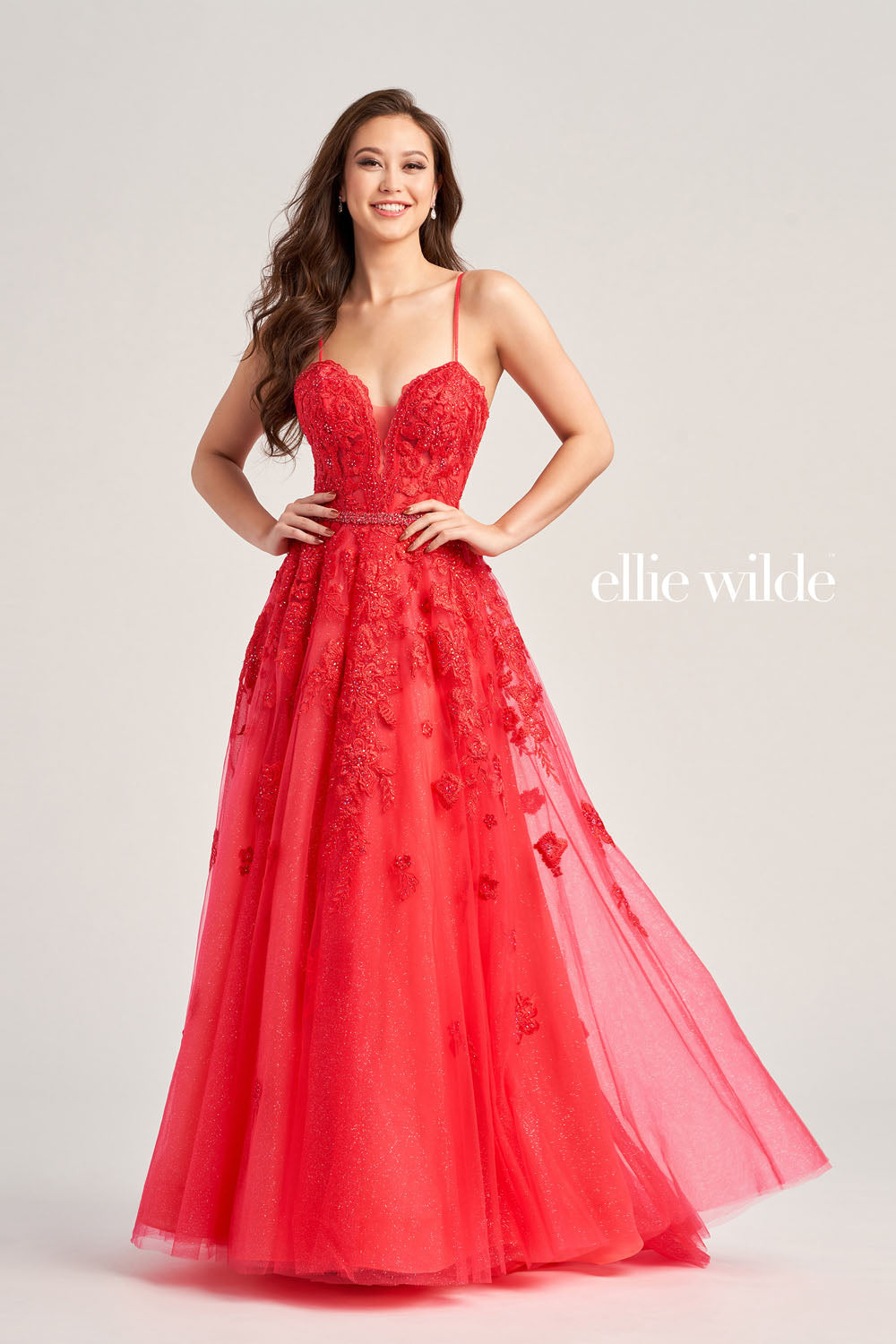Ellie Wilde EW35016 prom dress images. Ellie Wilde EW35016 is available in these colors: Strawberry, Orange, Yellow, Pink, Bluebell, Magenta, Emerald, Sea Glass.
