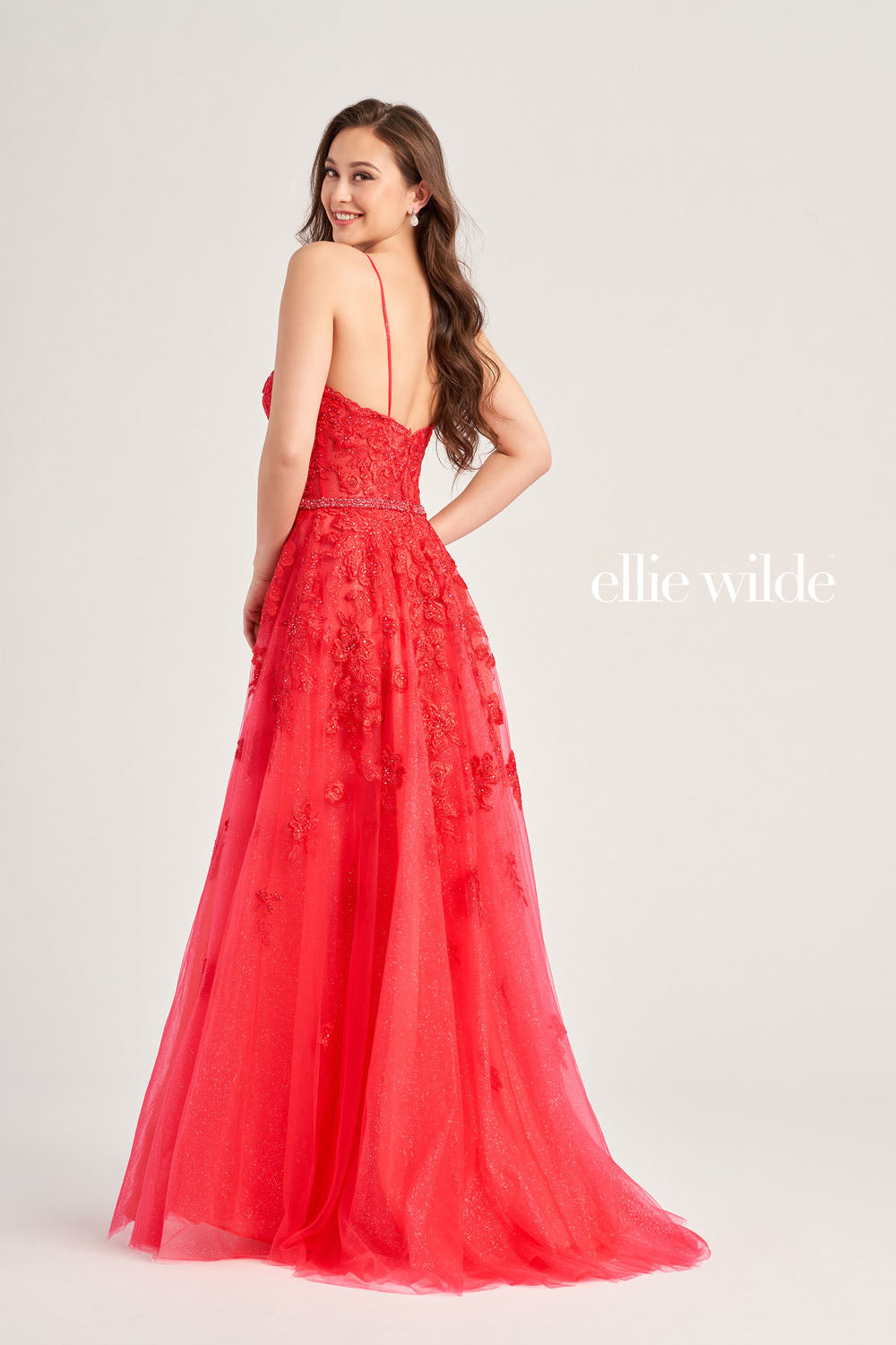 Ellie Wilde EW35016 prom dress images. Ellie Wilde EW35016 is available in these colors: Strawberry, Orange, Yellow, Pink, Bluebell, Magenta, Emerald, Sea Glass.