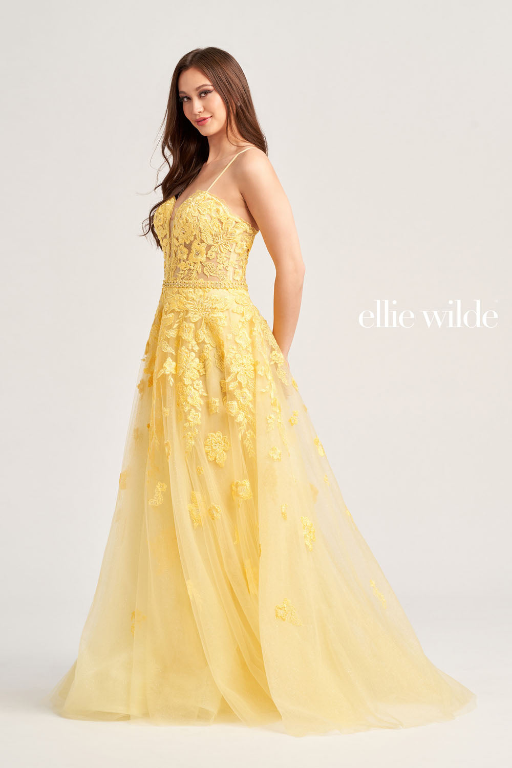 Ellie Wilde EW35016 prom dress images. Ellie Wilde EW35016 is available in these colors: Strawberry, Orange, Yellow, Pink, Bluebell, Magenta, Emerald, Sea Glass.