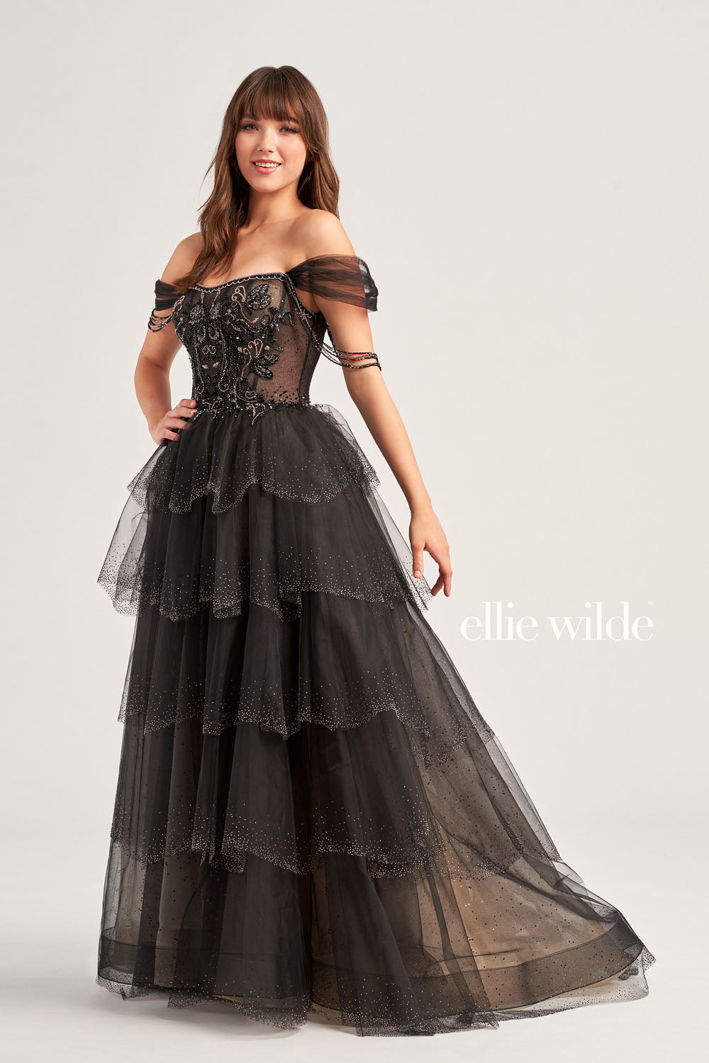 Ellie Wilde EW35040 prom dress images. Ellie Wilde EW35040 is available in these colors: Slate, Black Champagne.