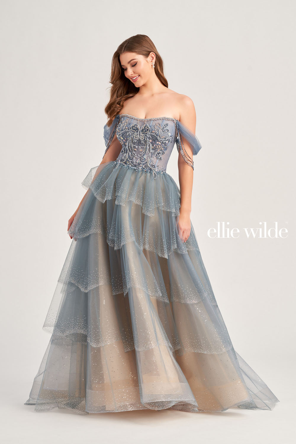 Ellie Wilde EW35040 prom dress images. Ellie Wilde EW35040 is available in these colors: Slate, Black Champagne.