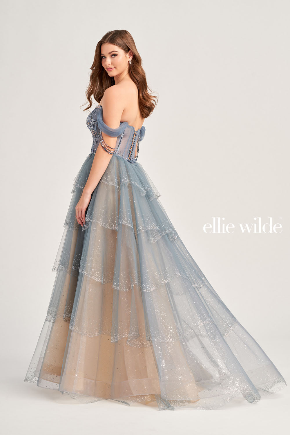 Ellie Wilde EW35040 prom dress images. Ellie Wilde EW35040 is available in these colors: Slate, Black Champagne.