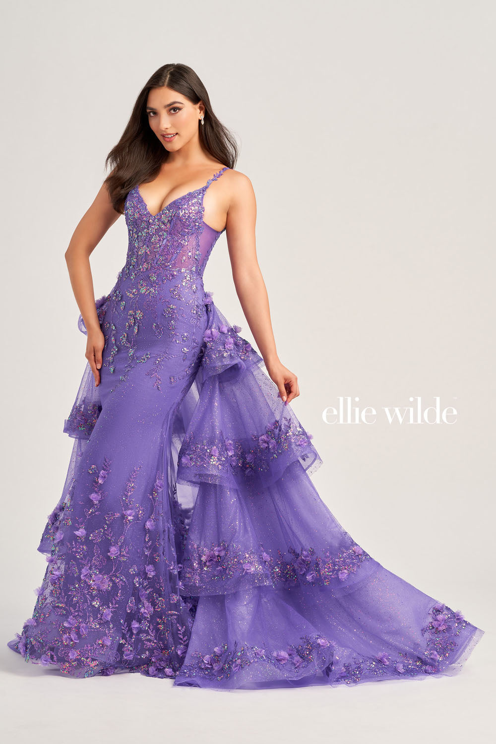 Ellie Wilde EW35045 prom dress images. Ellie Wilde EW35045 is available in these colors: Iris, Magenta, Light Blue, Lilac.