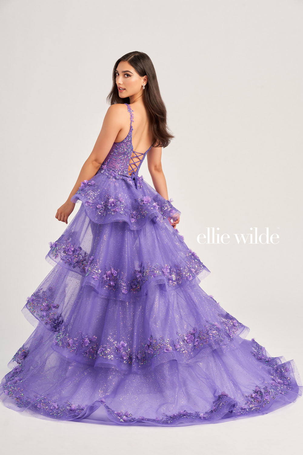 Ellie Wilde EW35045 prom dress images. Ellie Wilde EW35045 is available in these colors: Iris, Magenta, Light Blue, Lilac.