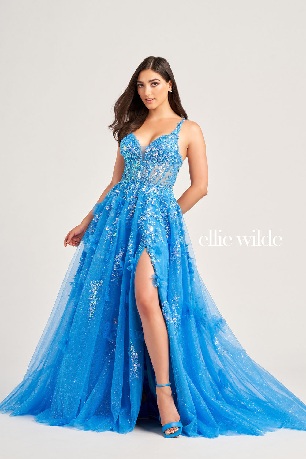 Ellie Wilde EW35047 prom dress images. Ellie Wilde EW35047 is available in these colors: Cerulean Blue, Periwinkle, Hot Pink.