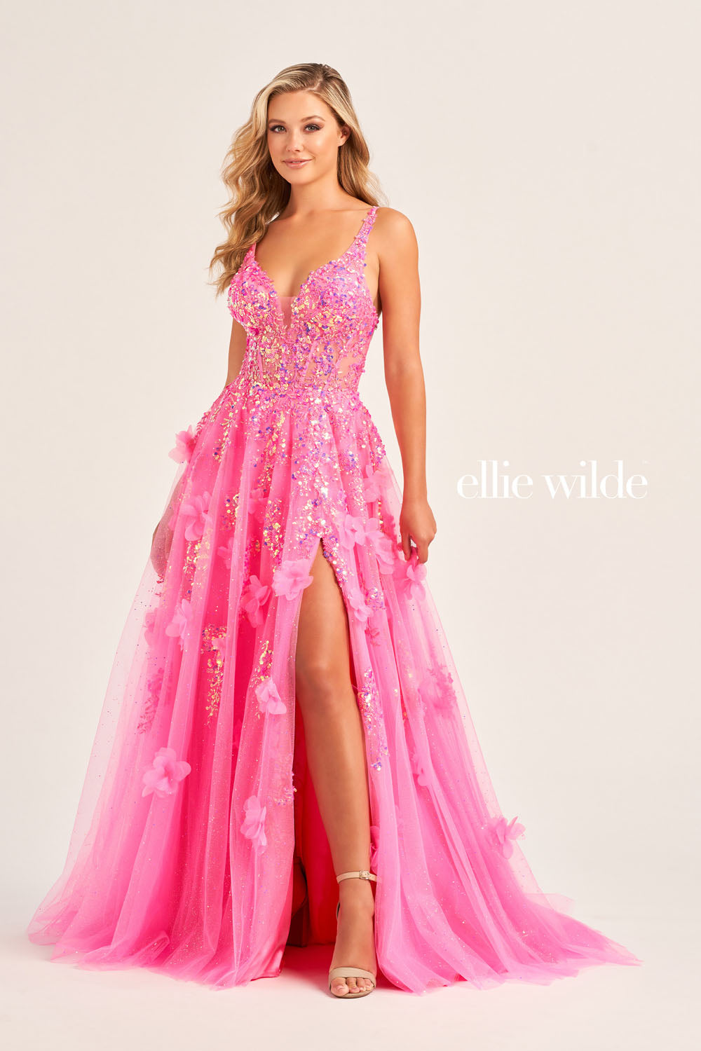 Ellie Wilde EW35047 prom dress images. Ellie Wilde EW35047 is available in these colors: Cerulean Blue, Periwinkle, Hot Pink.