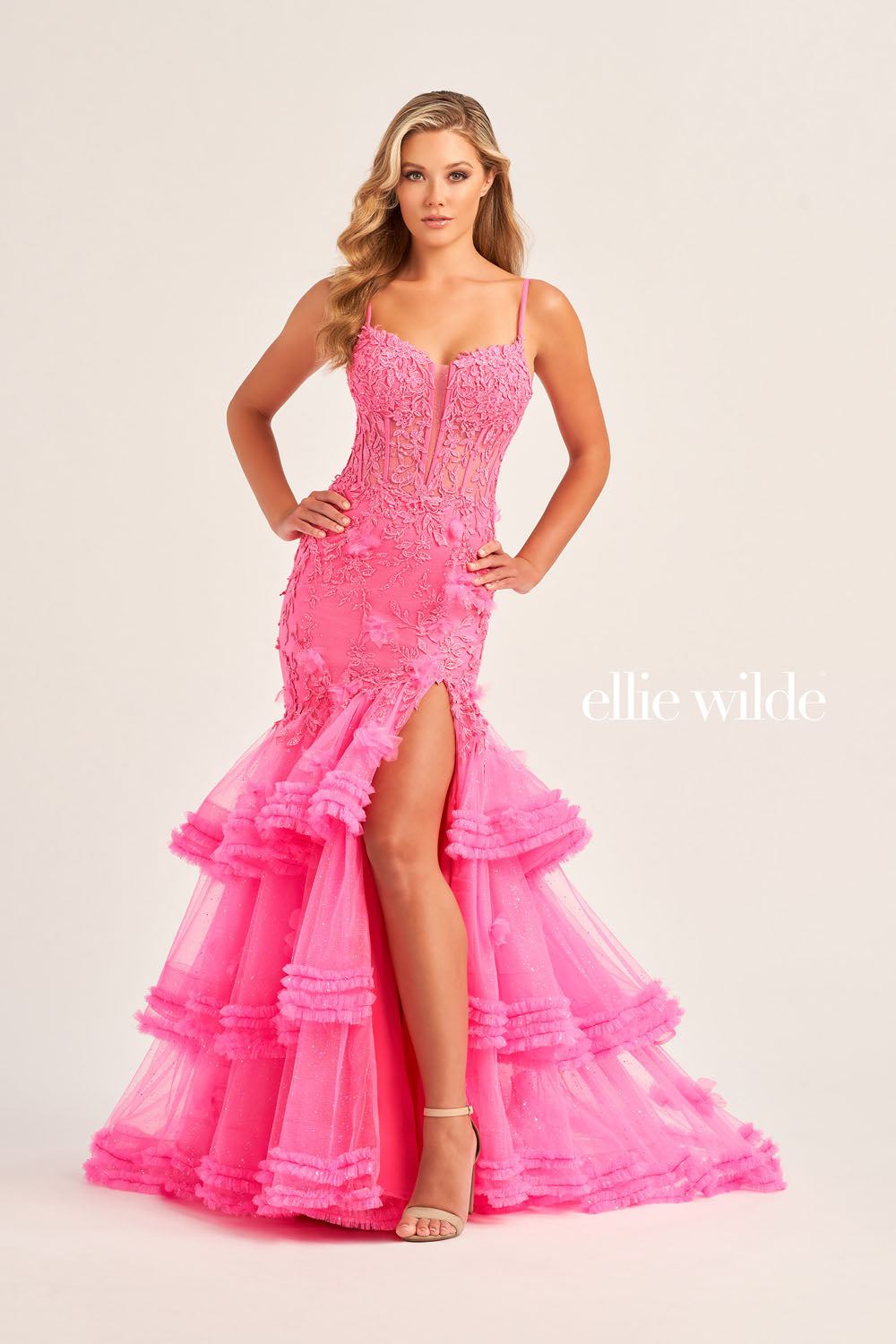 Ellie Wilde EW35050 prom dress images. Ellie Wilde EW35050 is available in these colors: Hot Pink, Ocean Blue, Light Blue.