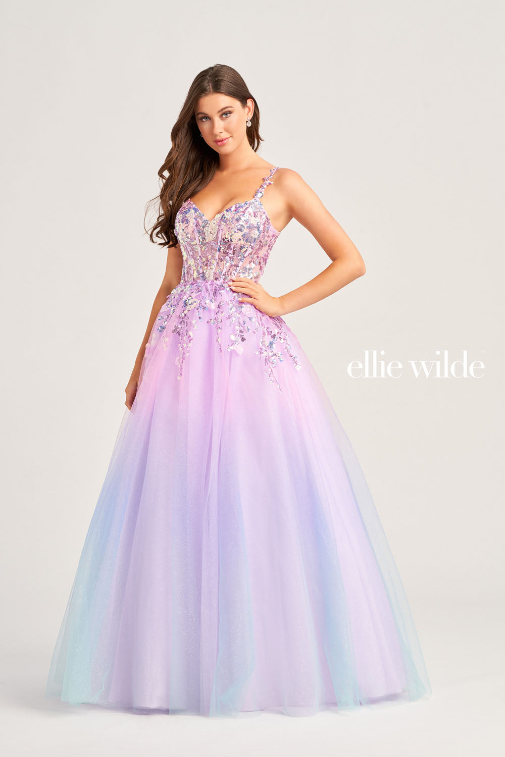 Ellie Wilde EW35055 prom dress images. Ellie Wilde EW35055 is available in these colors: Cotton Candy, Lime Sorbet, Peach Rainbow.