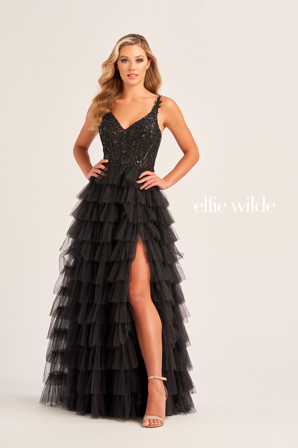 Ellie Wilde EW35059 prom dress images. Ellie Wilde EW35059 is available in these colors: Magenta, Royal Blue, Black, Barbie Pink.