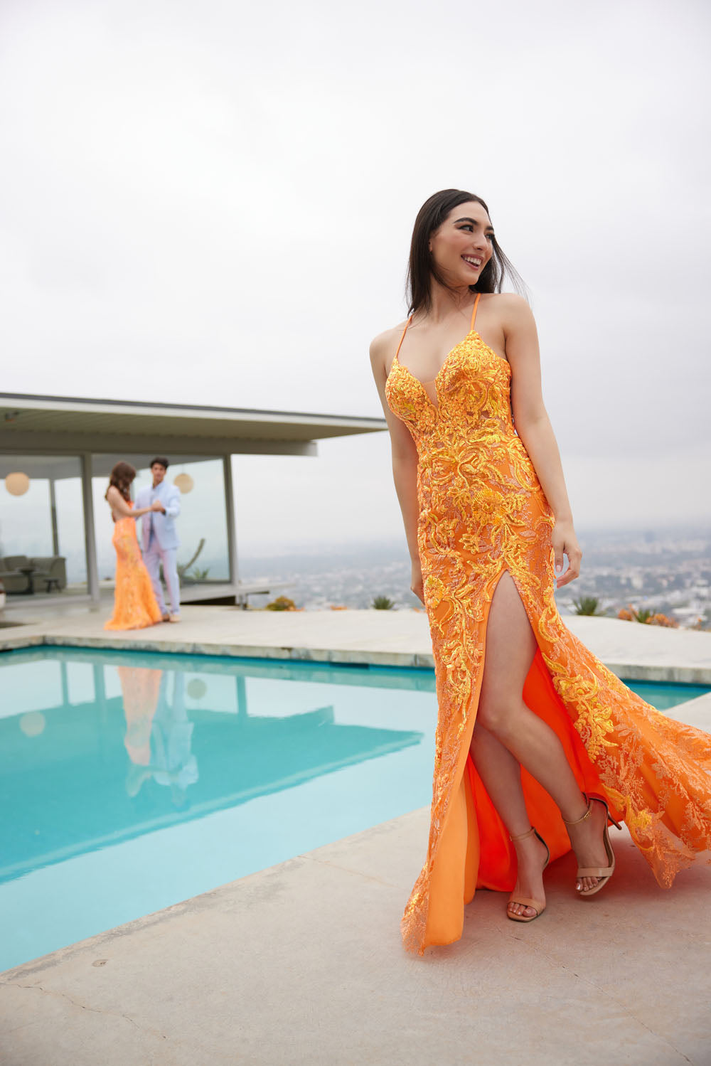 Ellie Wilde EW35060 prom dress images. Ellie Wilde EW35060 is available in these colors: Orange, Light Blue, Hot Pink.