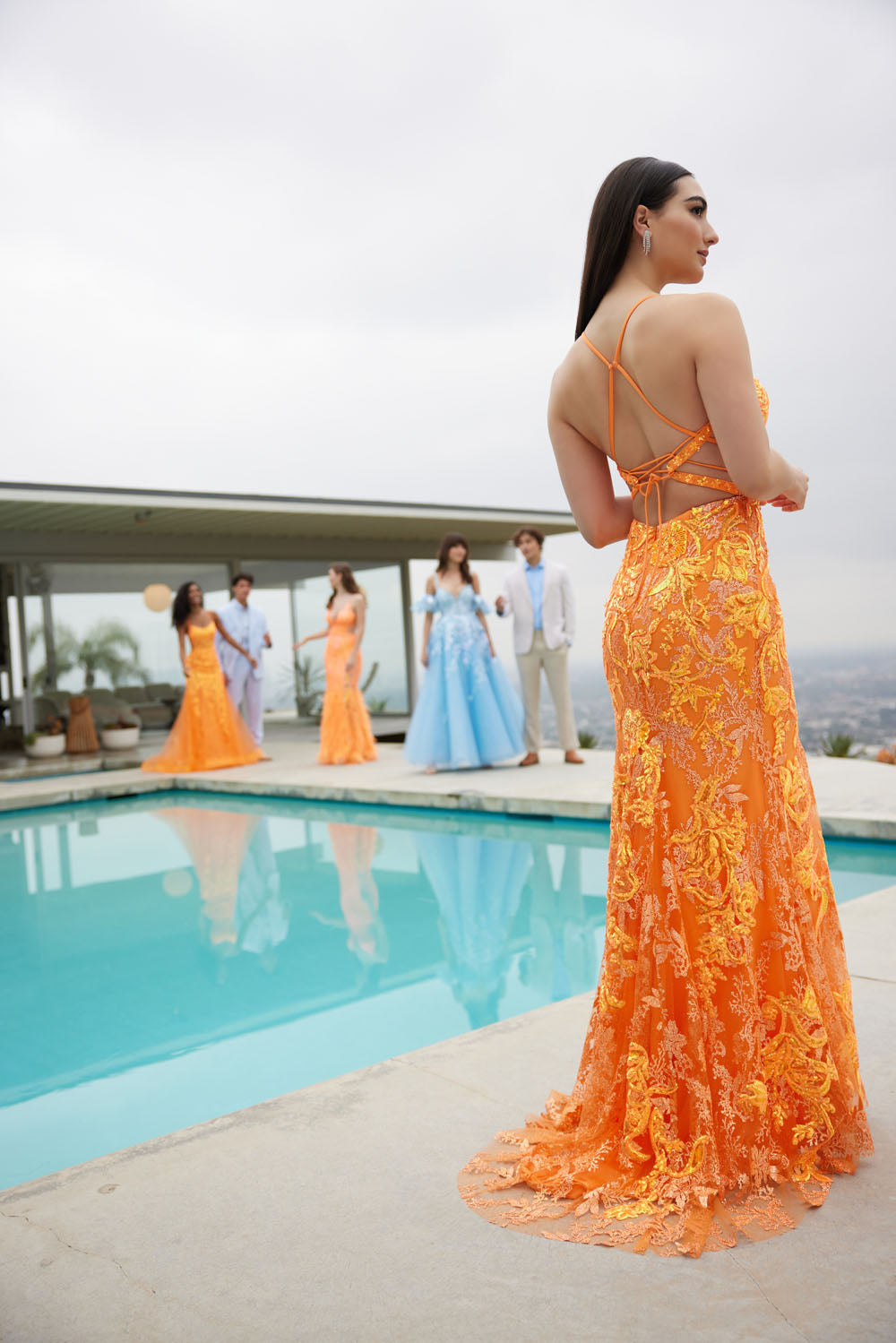 Ellie Wilde EW35060 prom dress images. Ellie Wilde EW35060 is available in these colors: Orange, Light Blue, Hot Pink.