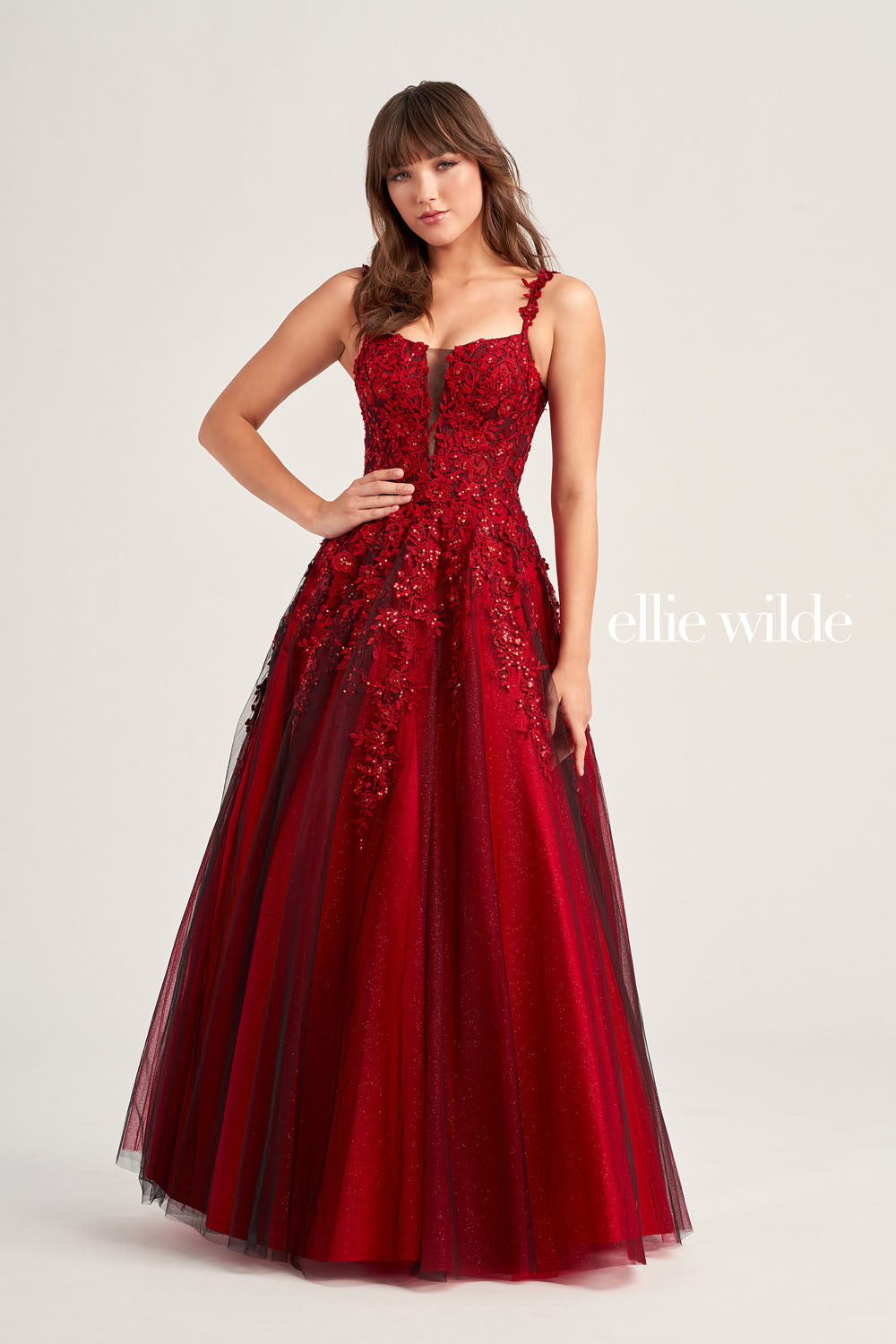 Ellie Wilde EW35068 prom dress images. Ellie Wilde EW35068 is available in these colors: Wine, Black.