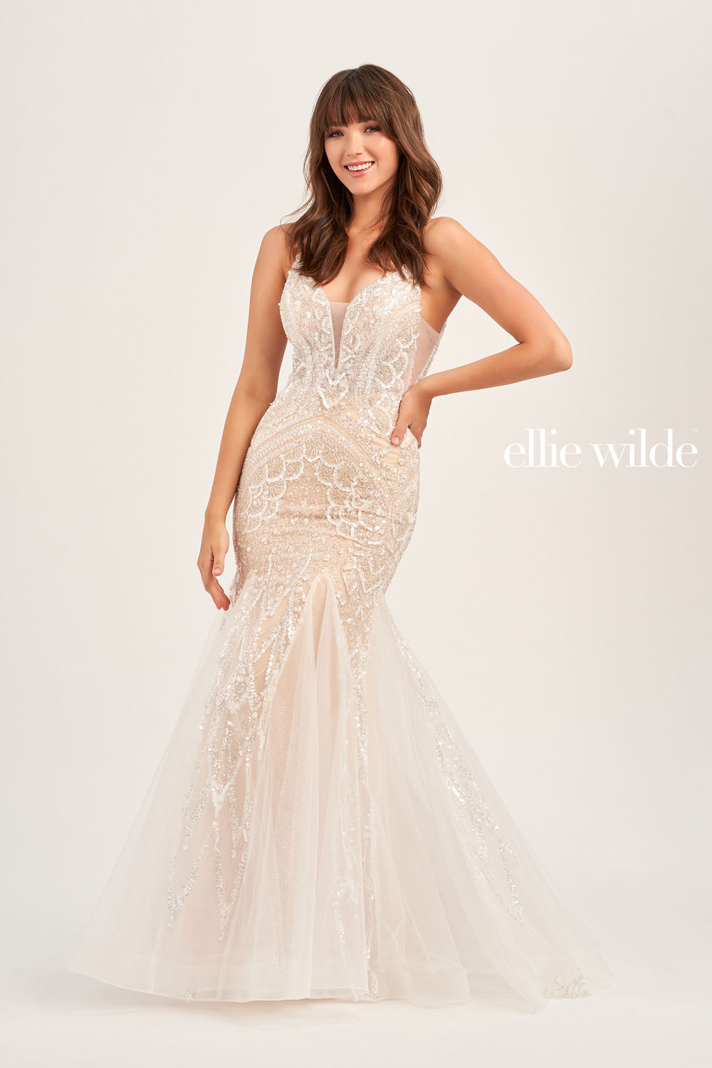 Ellie Wilde EW35077 prom dress images. Ellie Wilde EW35077 is available in these colors: Ivory Champagne, Ivory Sage.