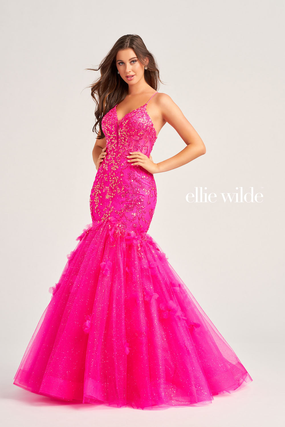 Ellie Wilde EW35080 prom dress images. Ellie Wilde EW35080 is available in these colors: Light Blue, Hot Pink, Orange.