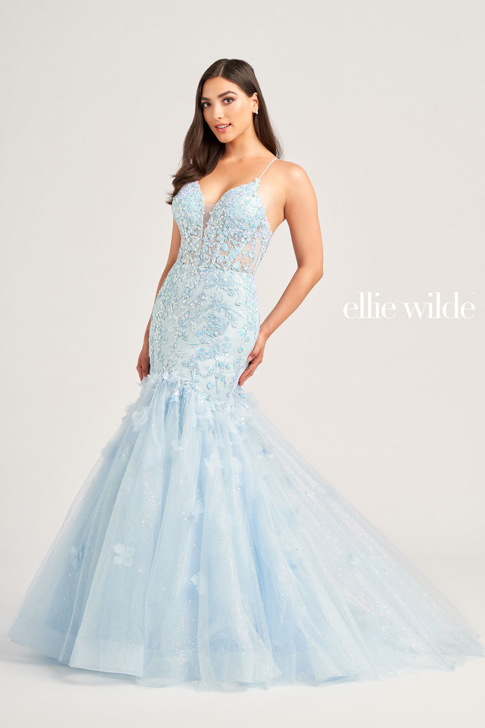 Ellie Wilde EW35080 prom dress images. Ellie Wilde EW35080 is available in these colors: Light Blue, Hot Pink, Orange.