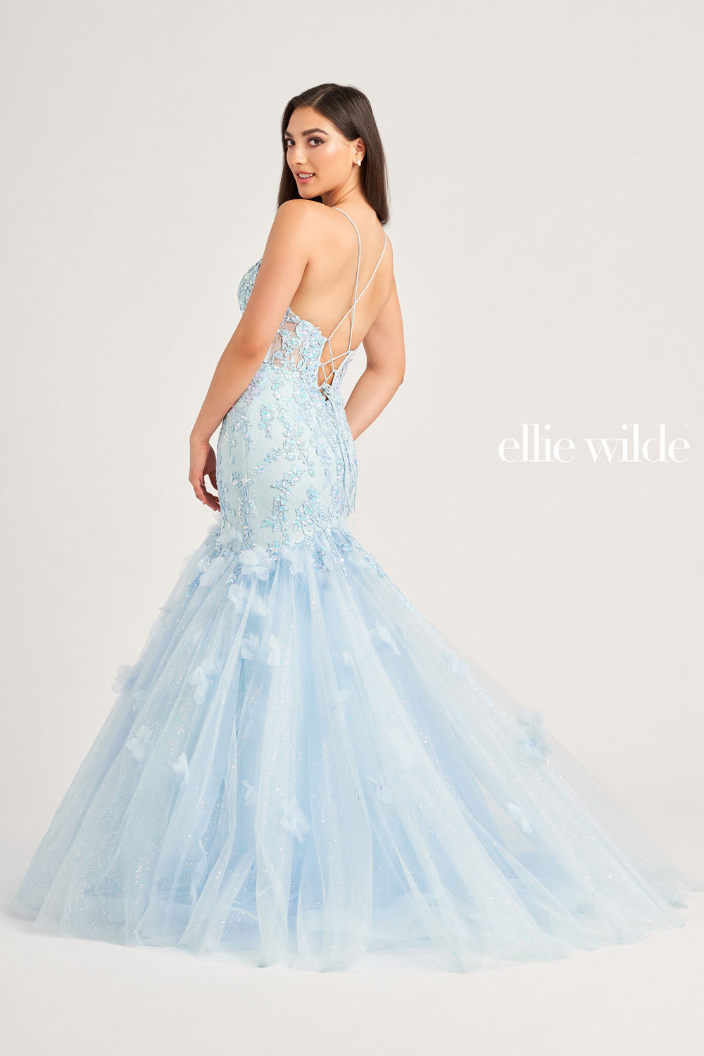 Ellie Wilde EW35080 prom dress images. Ellie Wilde EW35080 is available in these colors: Light Blue, Hot Pink, Orange.