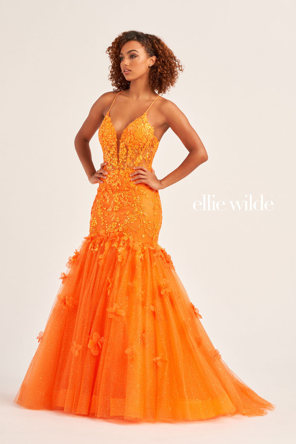 Ellie Wilde EW35080 prom dress images. Ellie Wilde EW35080 is available in these colors: Light Blue, Hot Pink, Orange.
